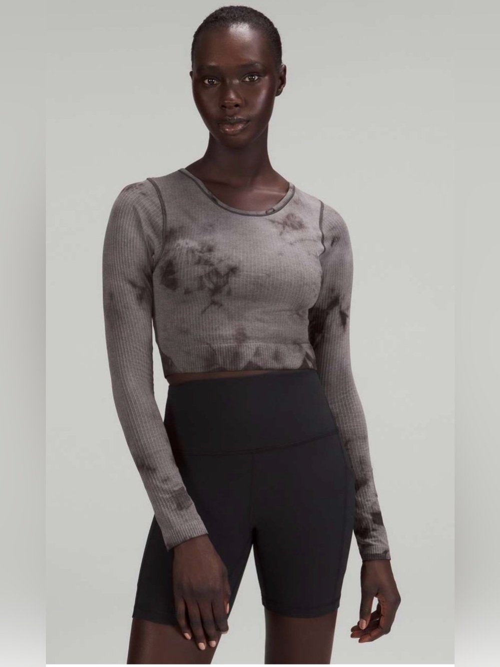 Lululemon Crop Ebb to Street Long Sleeve Shirt Black Marble Gray 2 Bra Ribbed